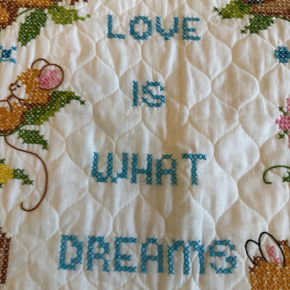 Vintage Hand Cross Stitch Baby Quilt Woodland Animals Love Is What Dreams 39x59
